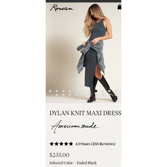 Rowan Dylan Knit Maxi Dress Faded Black Ribbed Side Slit American Made XS - Picture 10 of 10